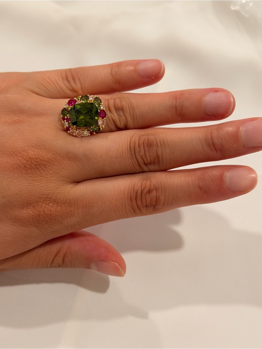 Gold Ring with Olive Green Center and Pink Accents - Picture 10 of 12